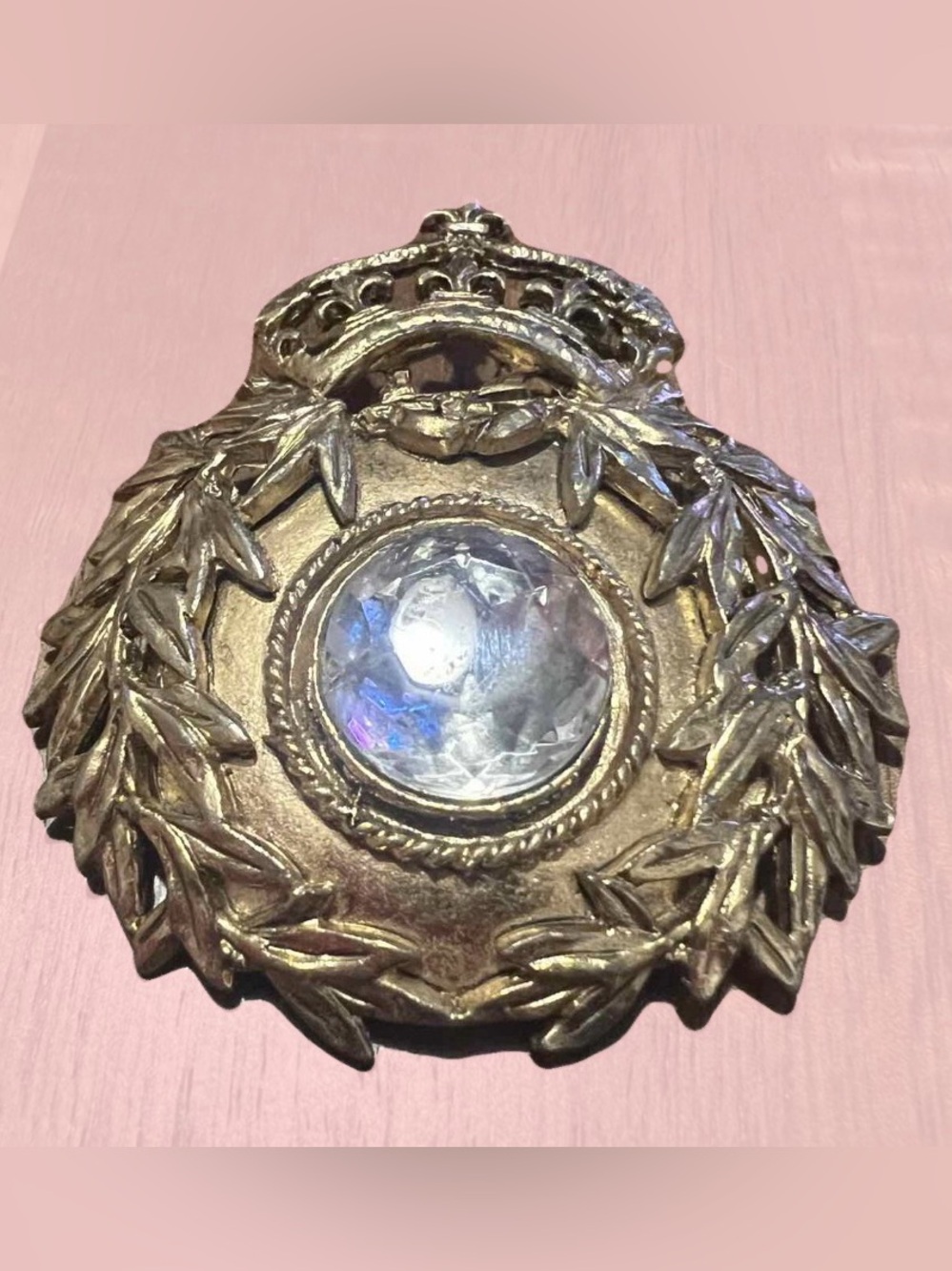 Vintage Gold Crown Laurel Wreath Brooch w Lg Faceted Glass Centerpiece #military